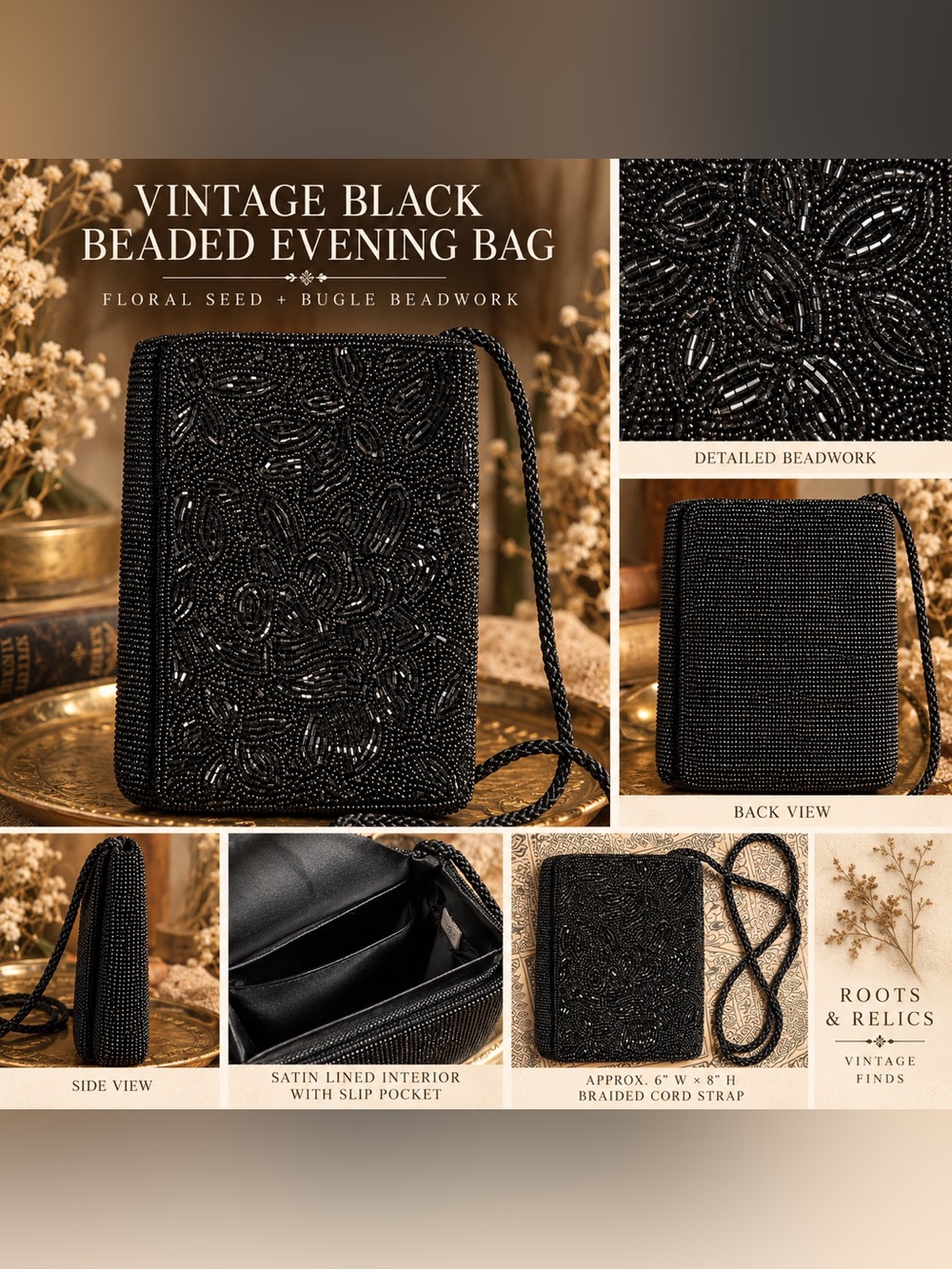 Vintage Black Beaded Evening Bag Floral Seed Bead Cord Strap Cocktail Purse